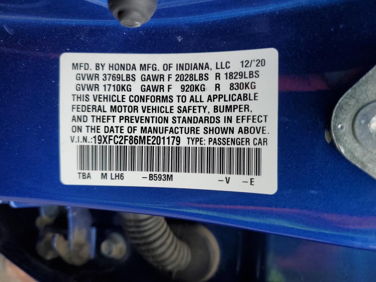 19XFC2F86ME201179 HONDA CIVIC 2021