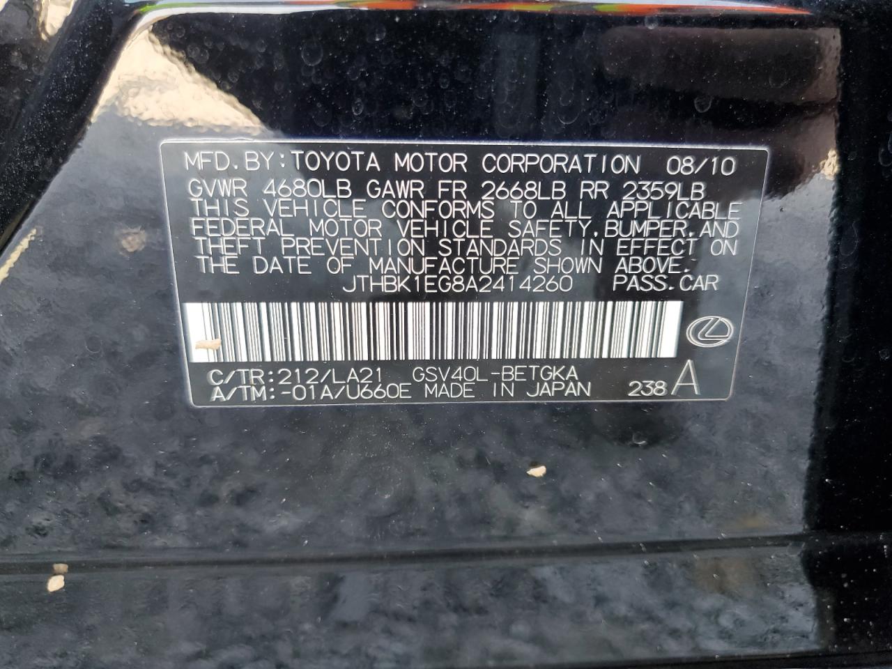 JTHBK1EG8A2414260 2010 Lexus Es 350