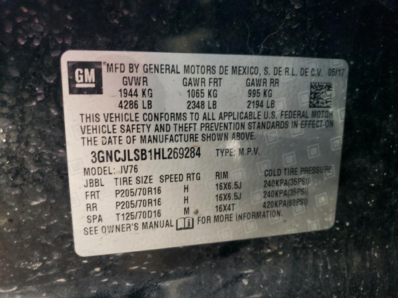 3GNCJLSB1HL269284 CHEVROLET TRAX 2017