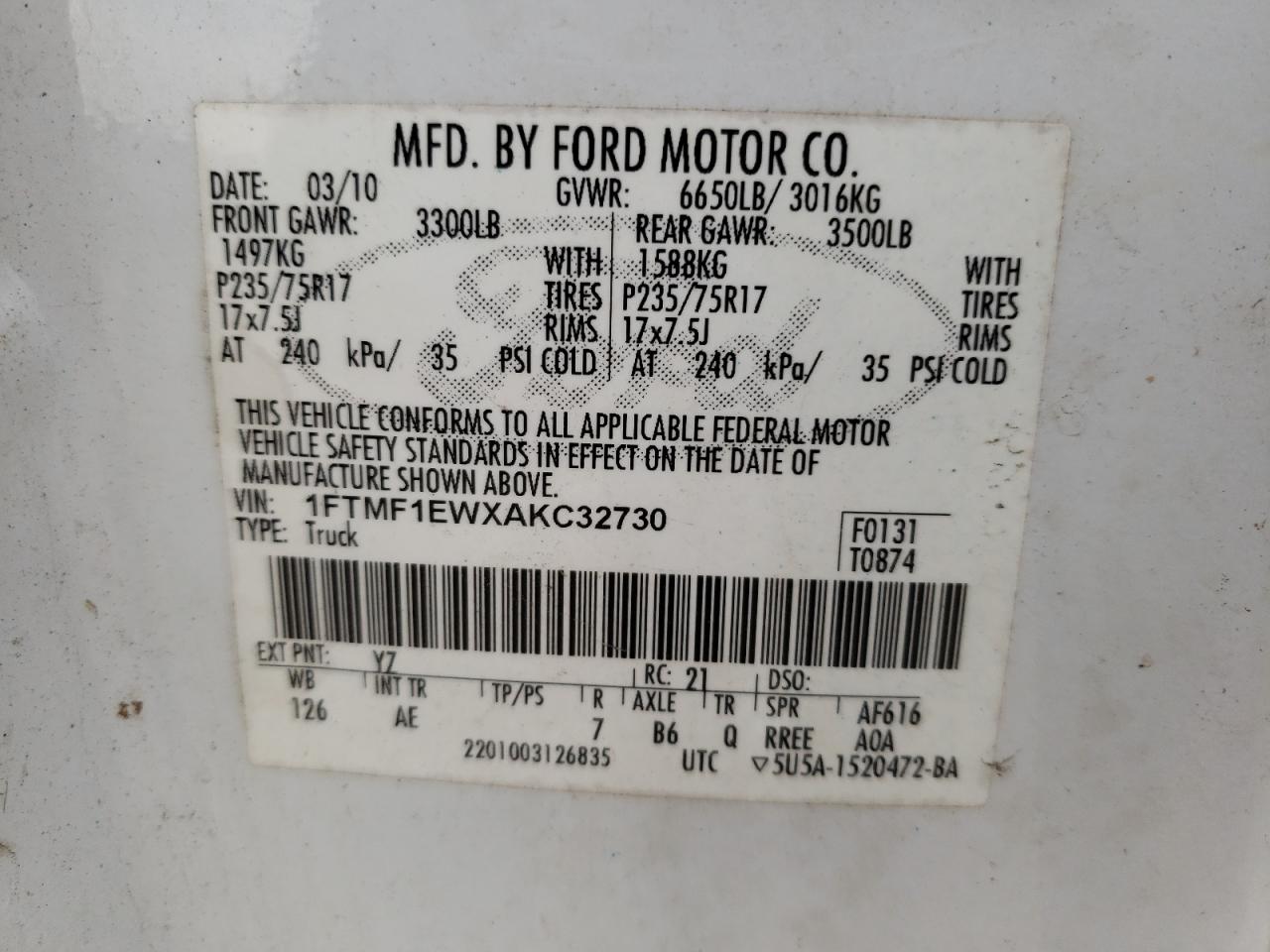 1FTMF1EWXAKC32730 2010 Ford F150