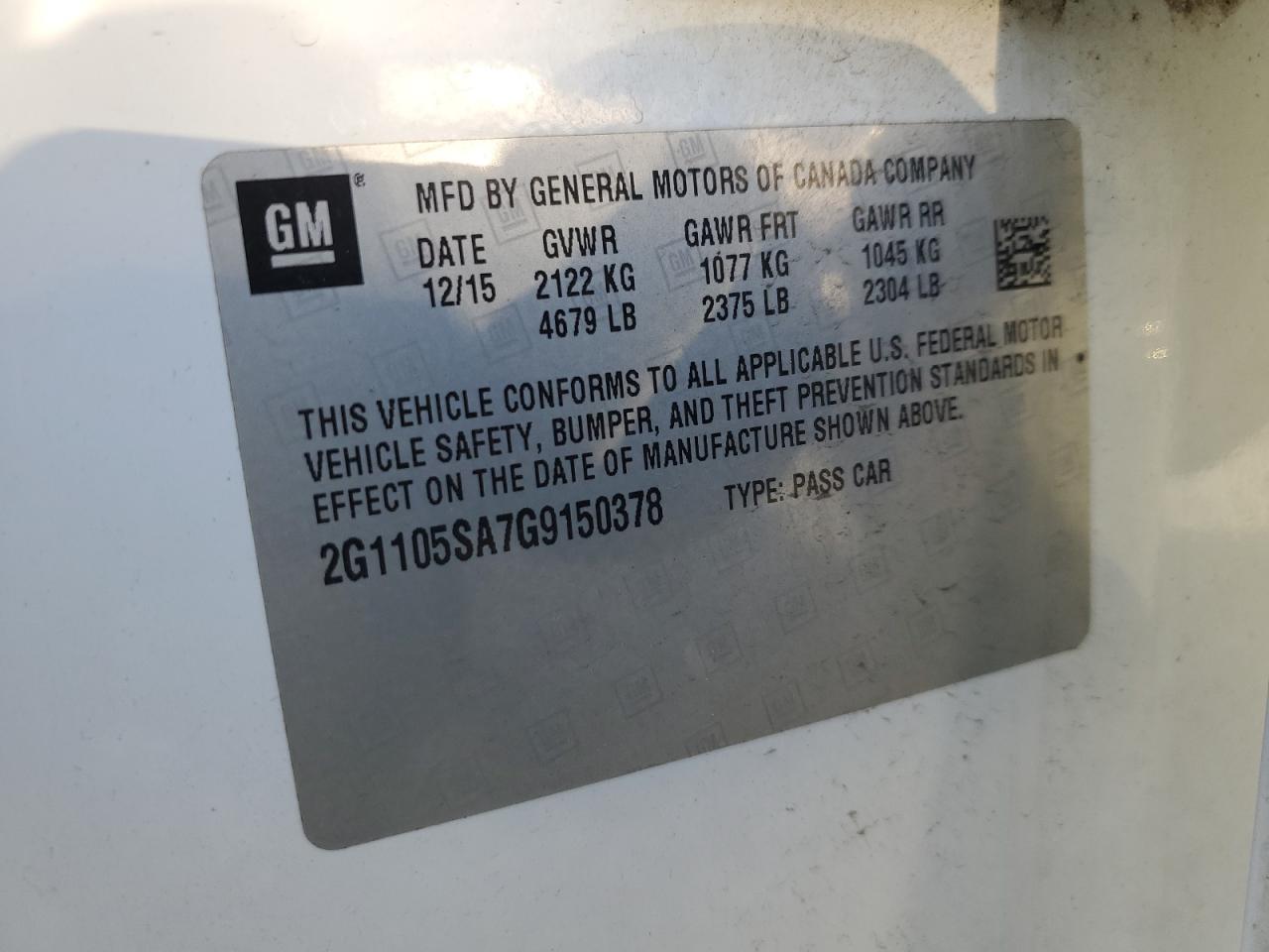 2G1105SA7G9150378 2016 Chevrolet Impala Lt