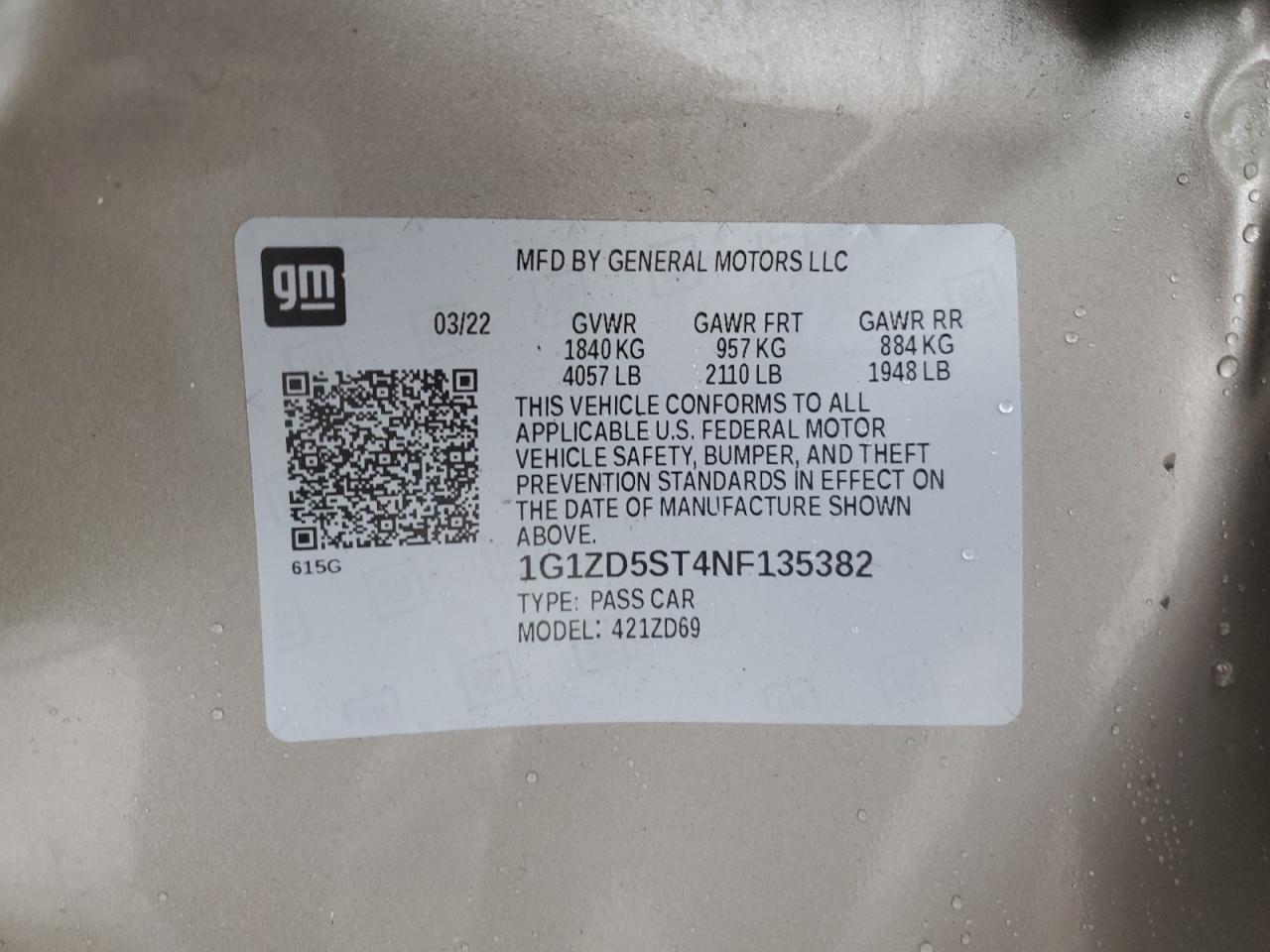 1G1ZD5ST4NF135382 CHEVROLET MALIBU 2022