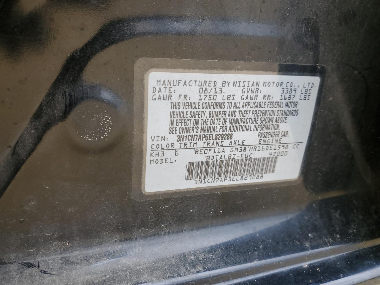 3N1CN7AP5EL829288 2014 Nissan Versa S