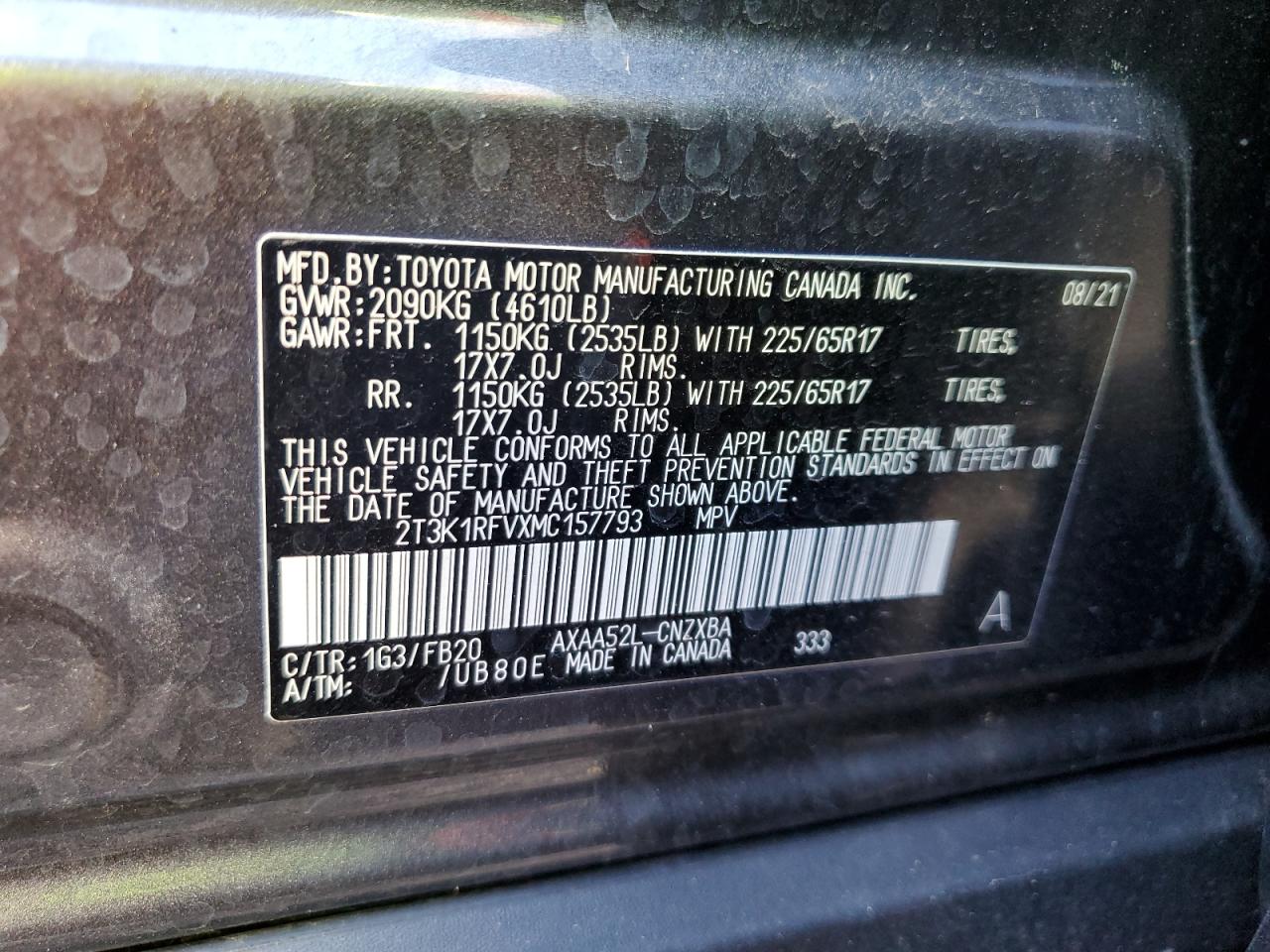 2T3K1RFVXMC157793 TOYOTA RAV4 2021