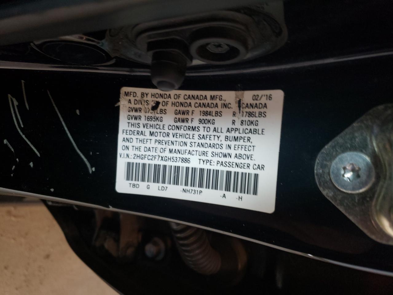 2HGFC2F7XGH537886 HONDA CIVIC 2016