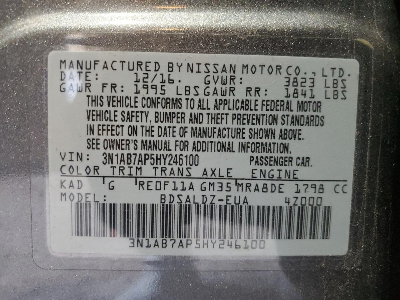 3N1AB7AP5HY246100 NISSAN SENTRA 2017