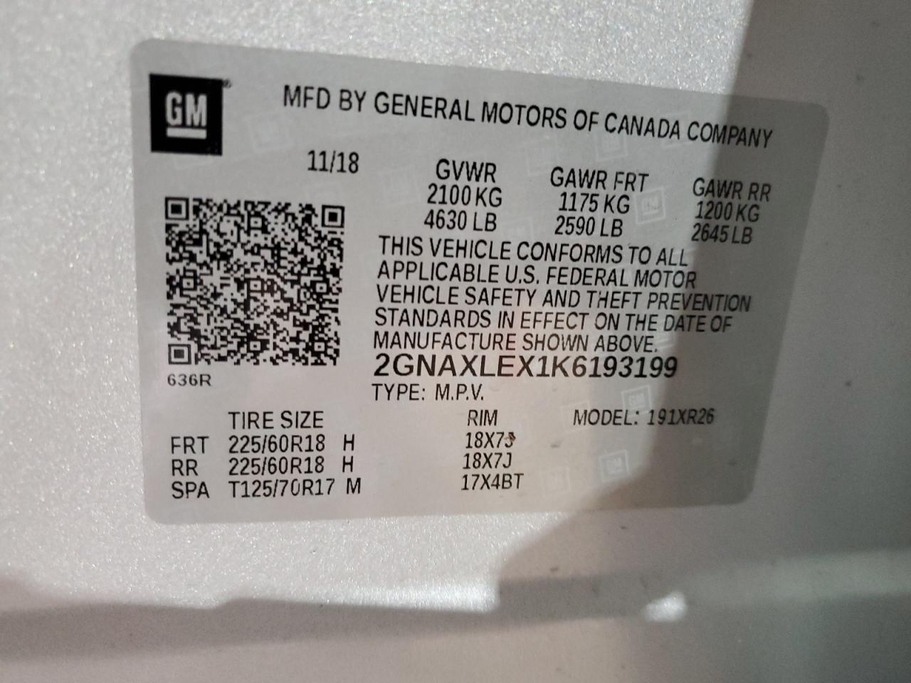 2GNAXLEX1K6193199 CHEVROLET EQUINOX 2019