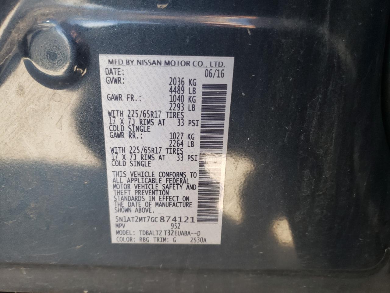 5N1AT2MT7GC874121 NISSAN ROGUE 2016