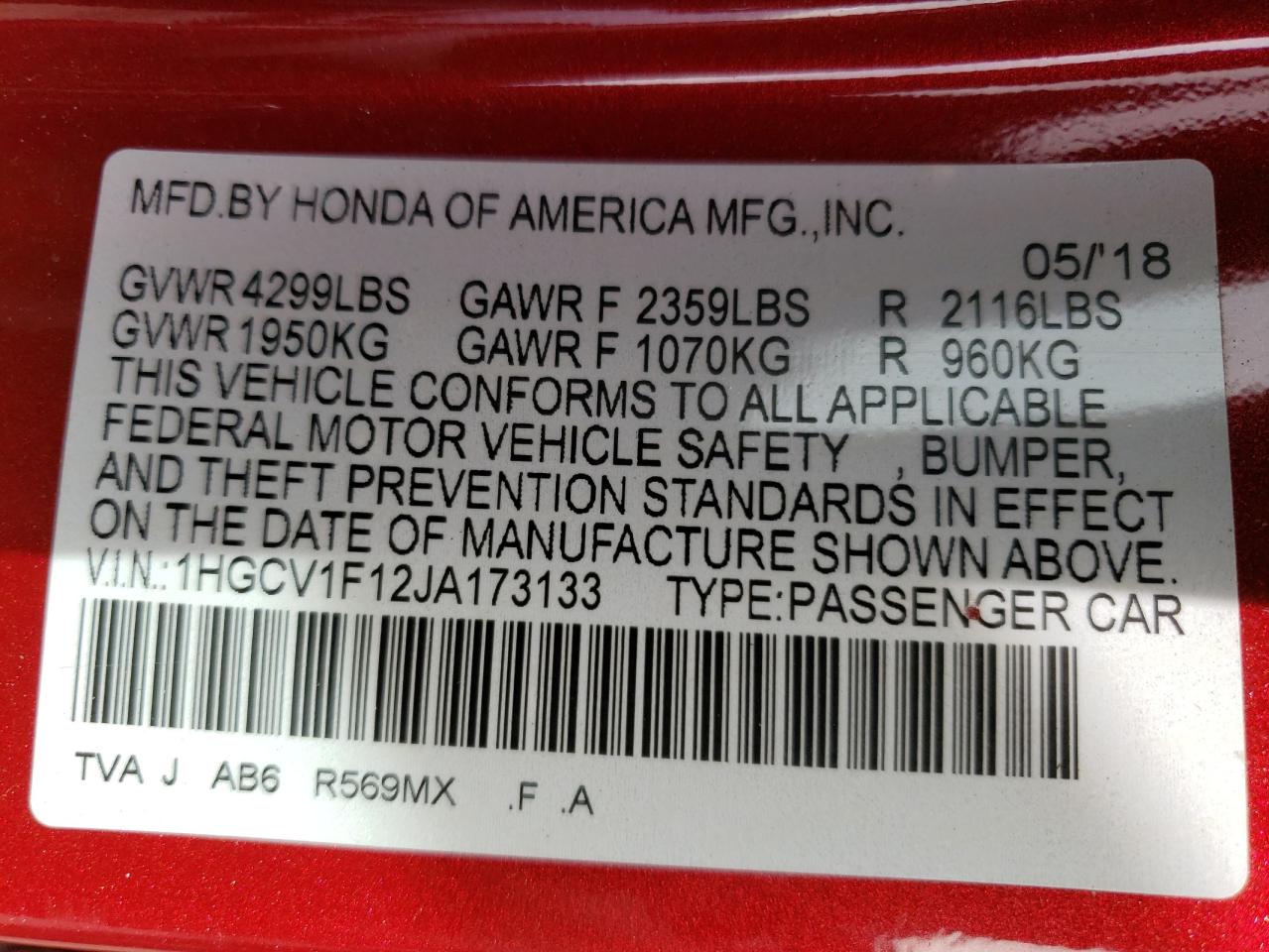 1HGCV1F12JA173133 HONDA ACCORD 2018