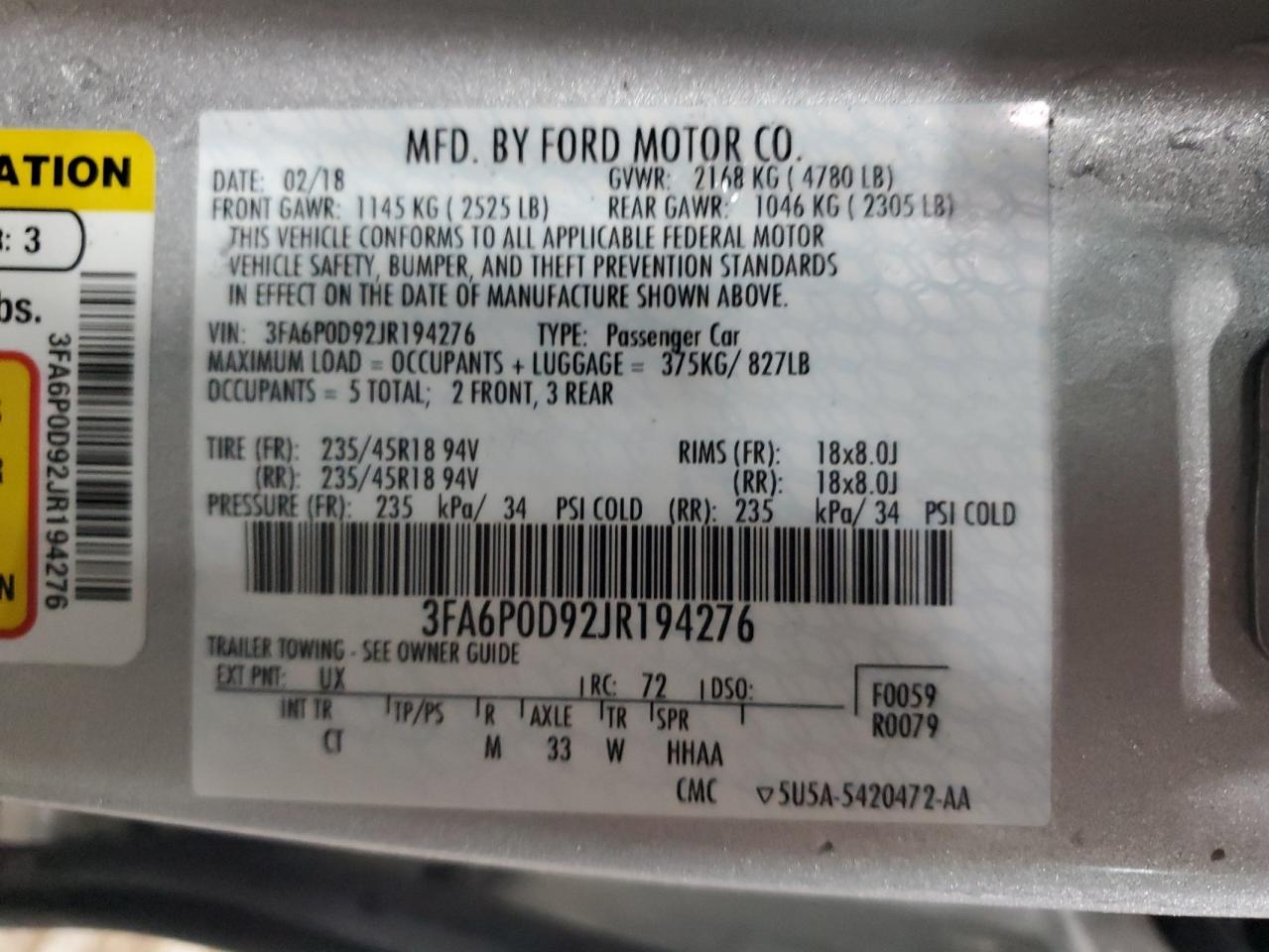 3FA6P0D92JR194276 FORD FUSION 2018