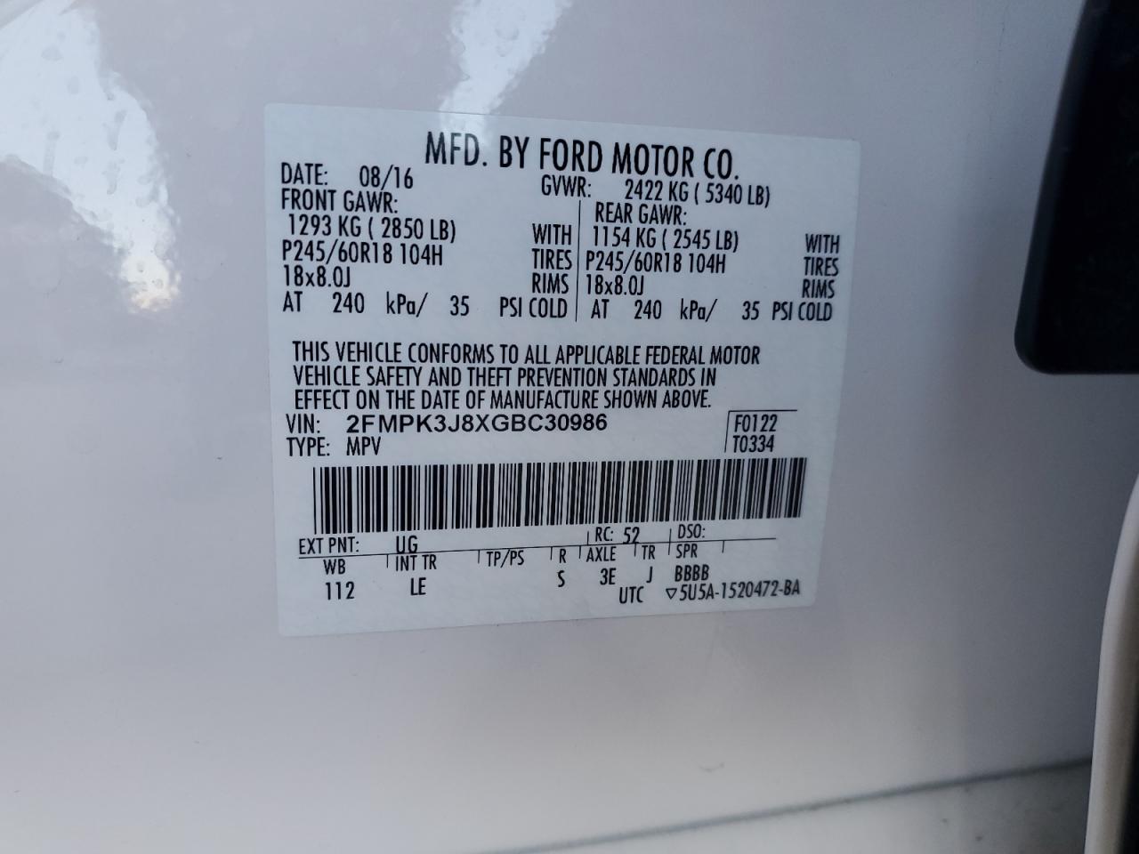 2FMPK3J8XGBC30986 FORD EDGE 2016