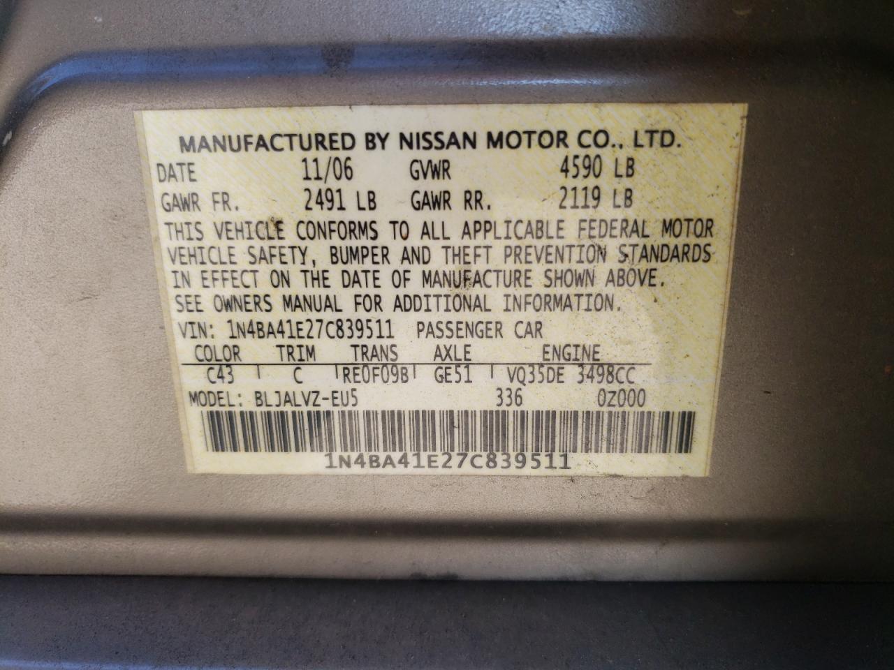 1N4BA41E27C839511 2007 Nissan Maxima Se