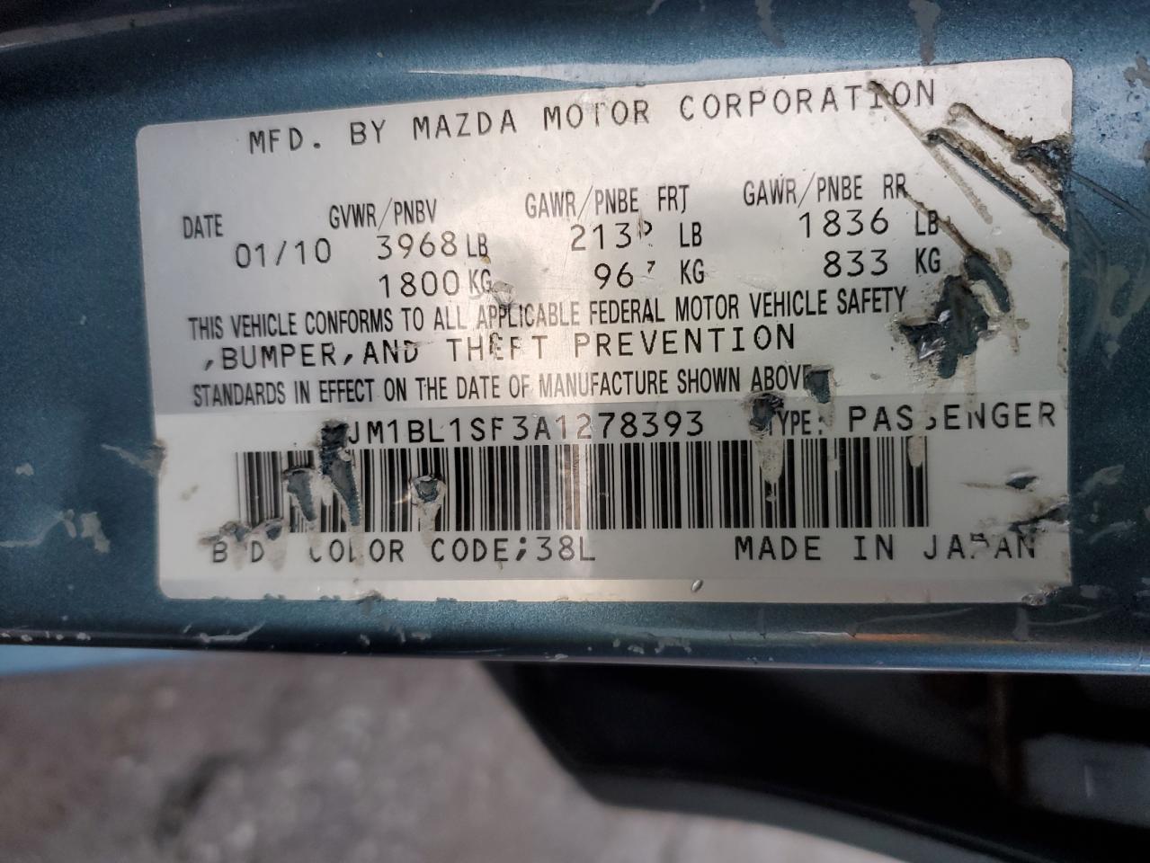 JM1BL1SF3A1278393 2010 Mazda 3 I