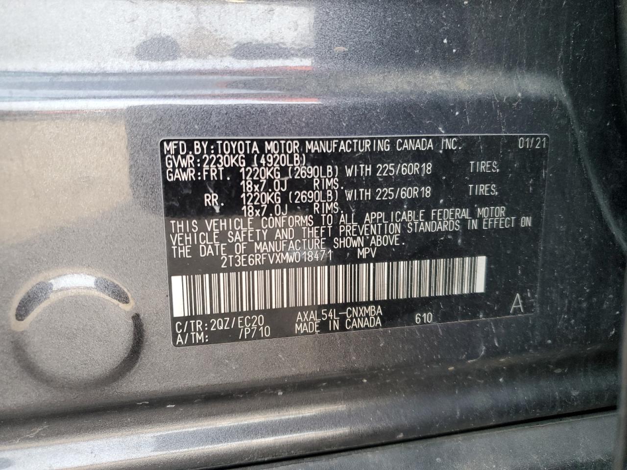 2T3E6RFVXMW018471 TOYOTA RAV4 2021