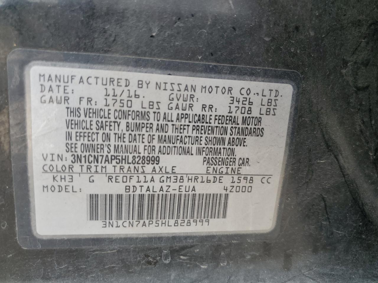 3N1CN7AP5HL828999 NISSAN VERSA 2017
