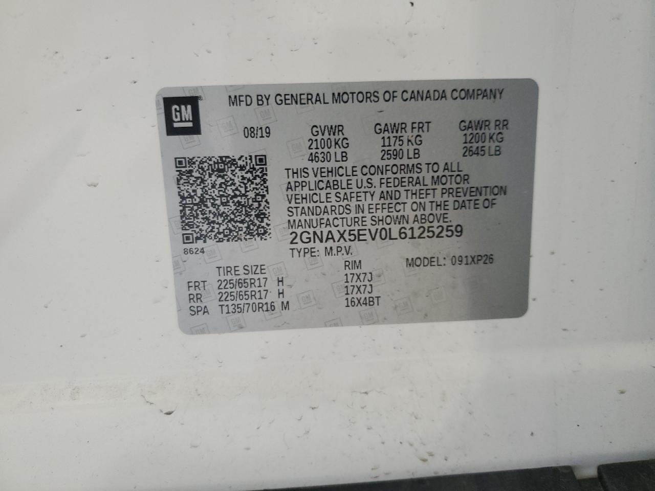 2GNAX5EV0L6125259 2020 Chevrolet Equinox