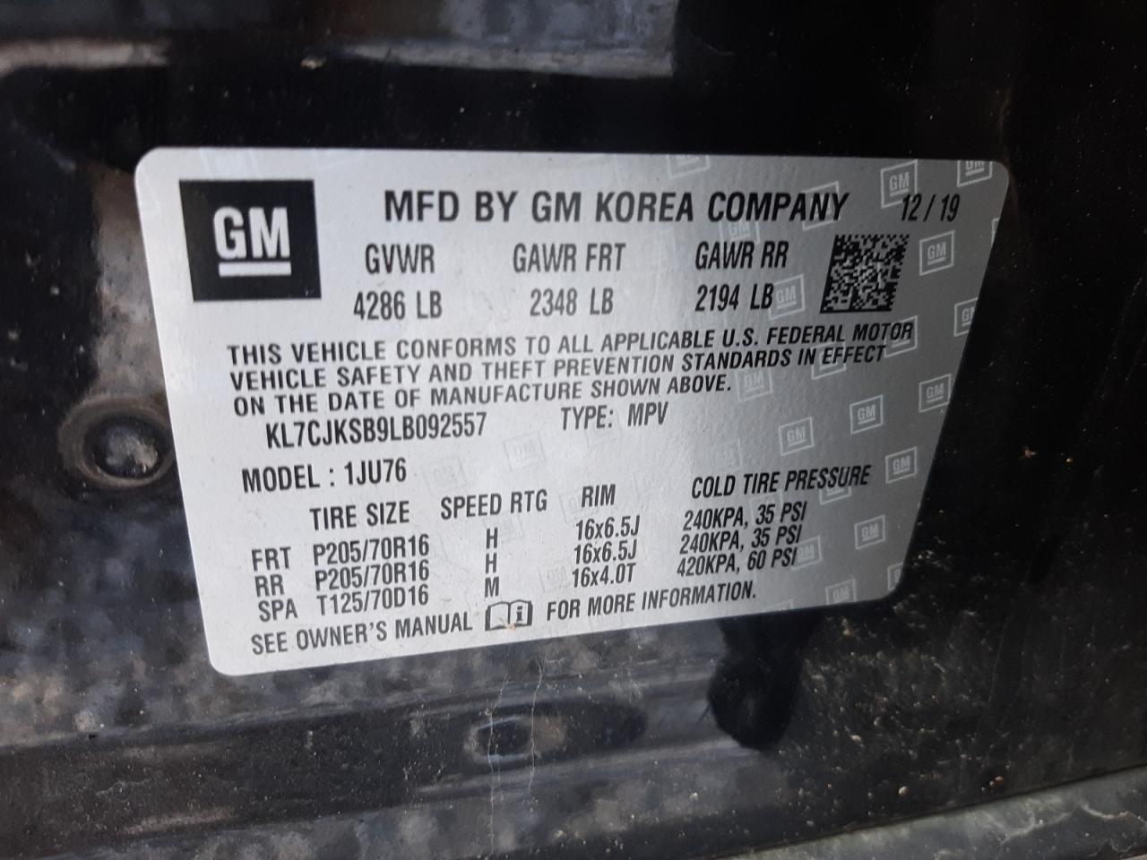 KL7CJKSB9LB092557 CHEVROLET TRAX 2020