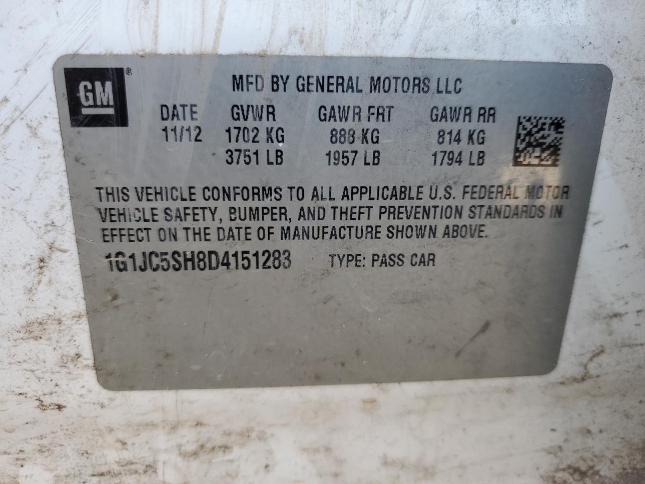 1G1JC5SH8D4151283 2013 Chevrolet Sonic Lt