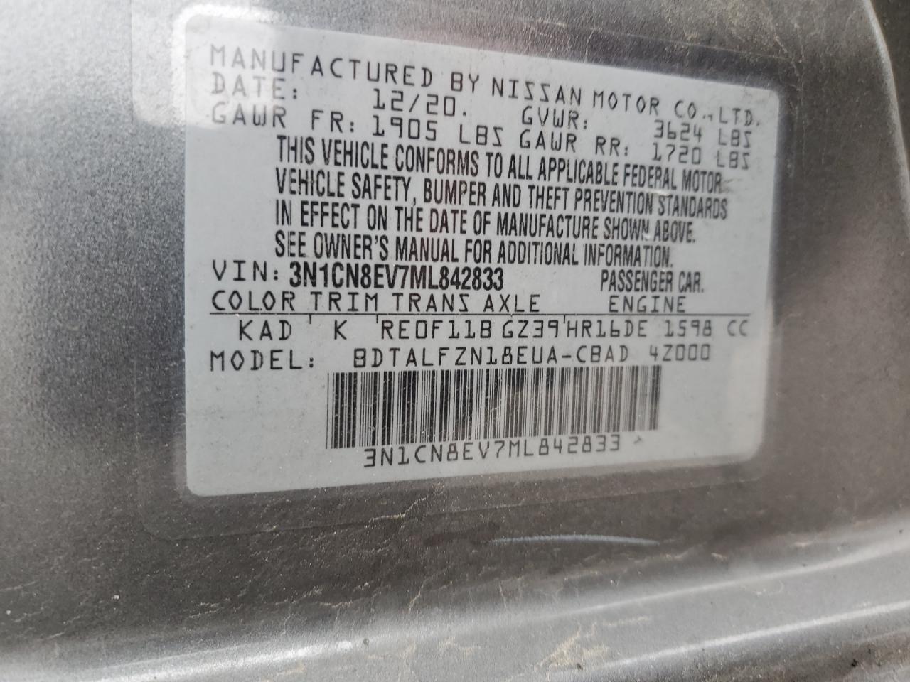 3N1CN8EV7ML842833 NISSAN VERSA 2021