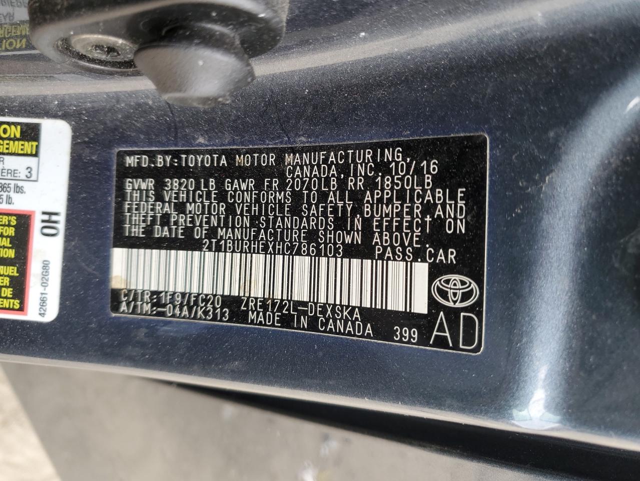 2T1BURHEXHC786103 TOYOTA COROLLA 2017