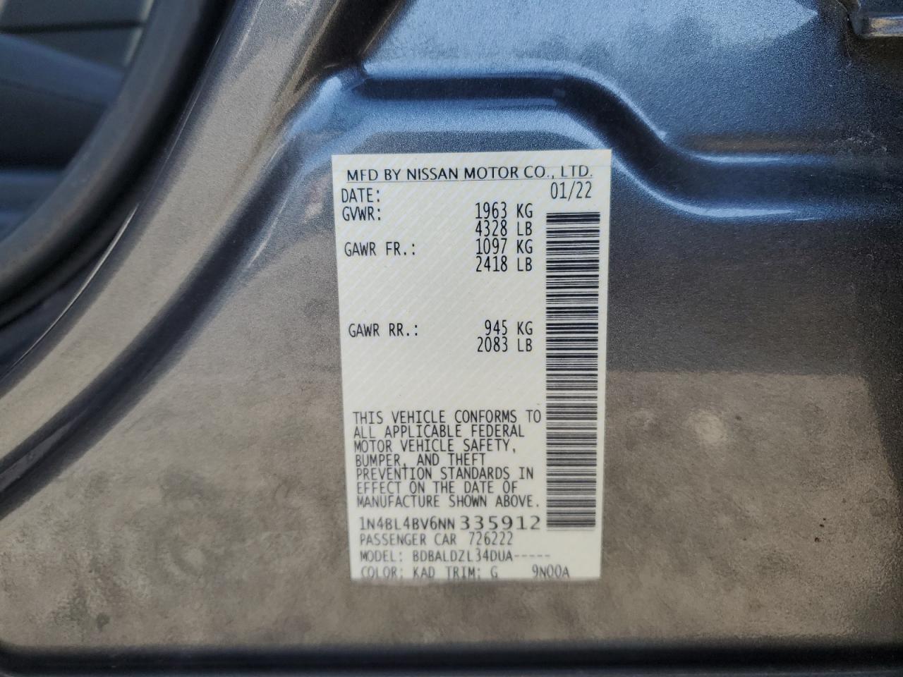 1N4BL4BV6NN335912 NISSAN ALTIMA 2022