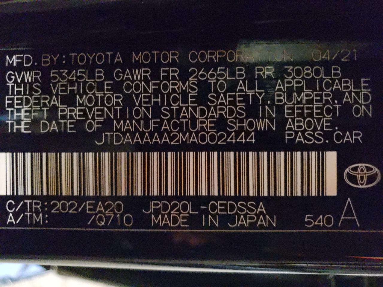 jtdaaaaa2ma002444 JTDAAAAA2MA002444 2021 Toyota Mirai Xle