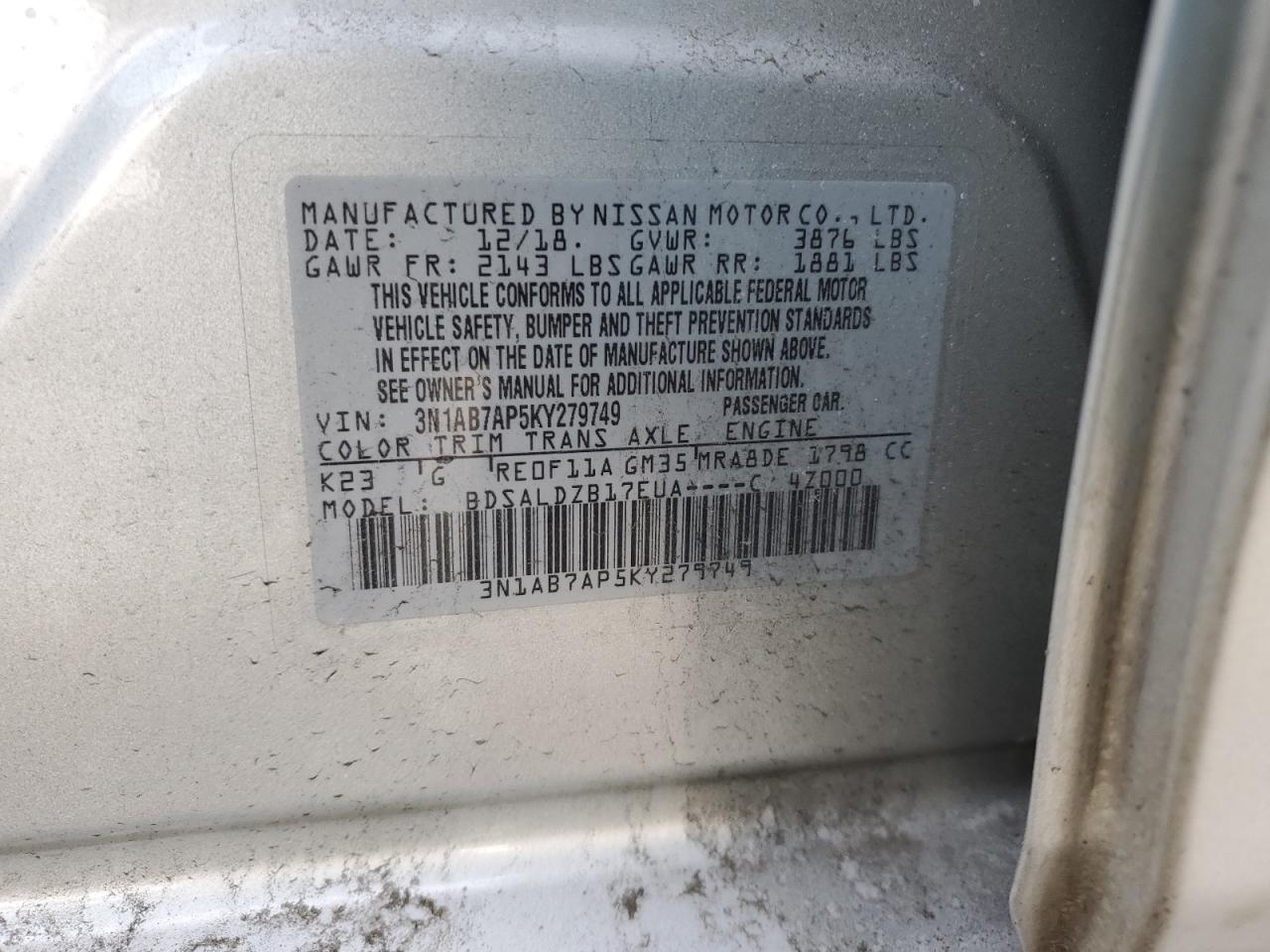 3N1AB7AP5KY279749 NISSAN SENTRA 2019