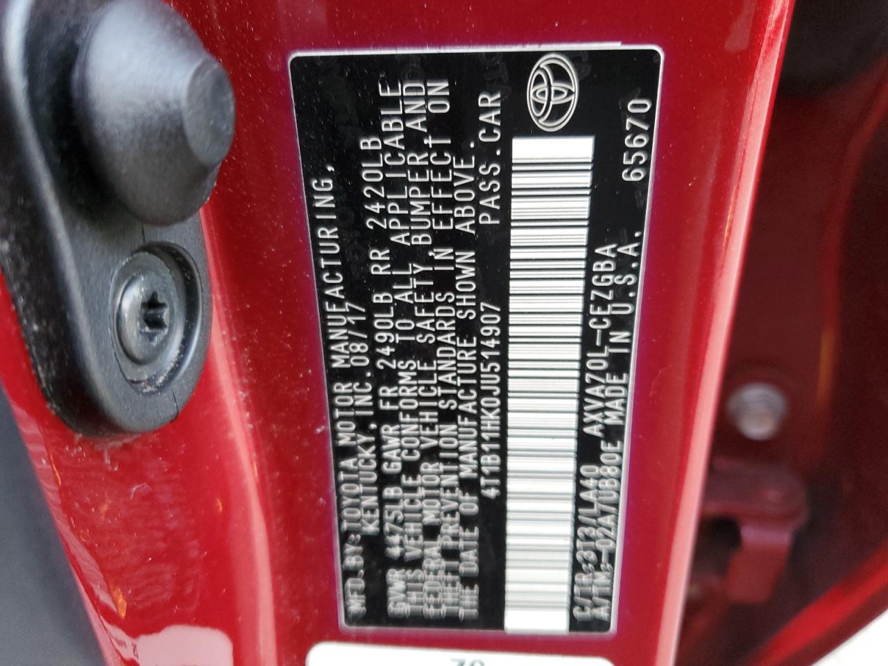 4T1B11HK0JU514907 TOYOTA CAMRY 2018