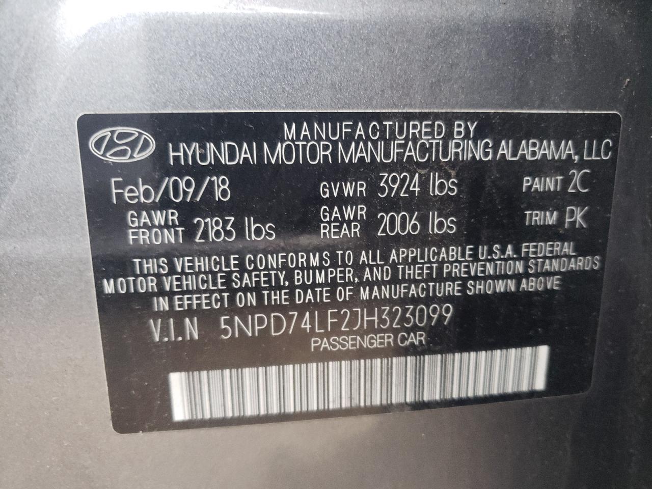 5NPD74LF2JH323099 2018 Hyundai Elantra Se