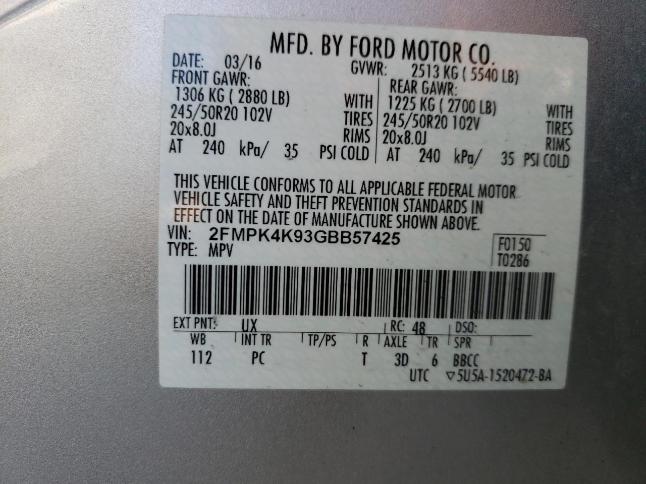 2FMPK4K93GBB57425 FORD EDGE 2016