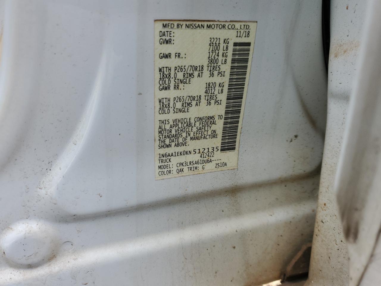 1N6AA1EK0KN512135 NISSAN TITAN 2019