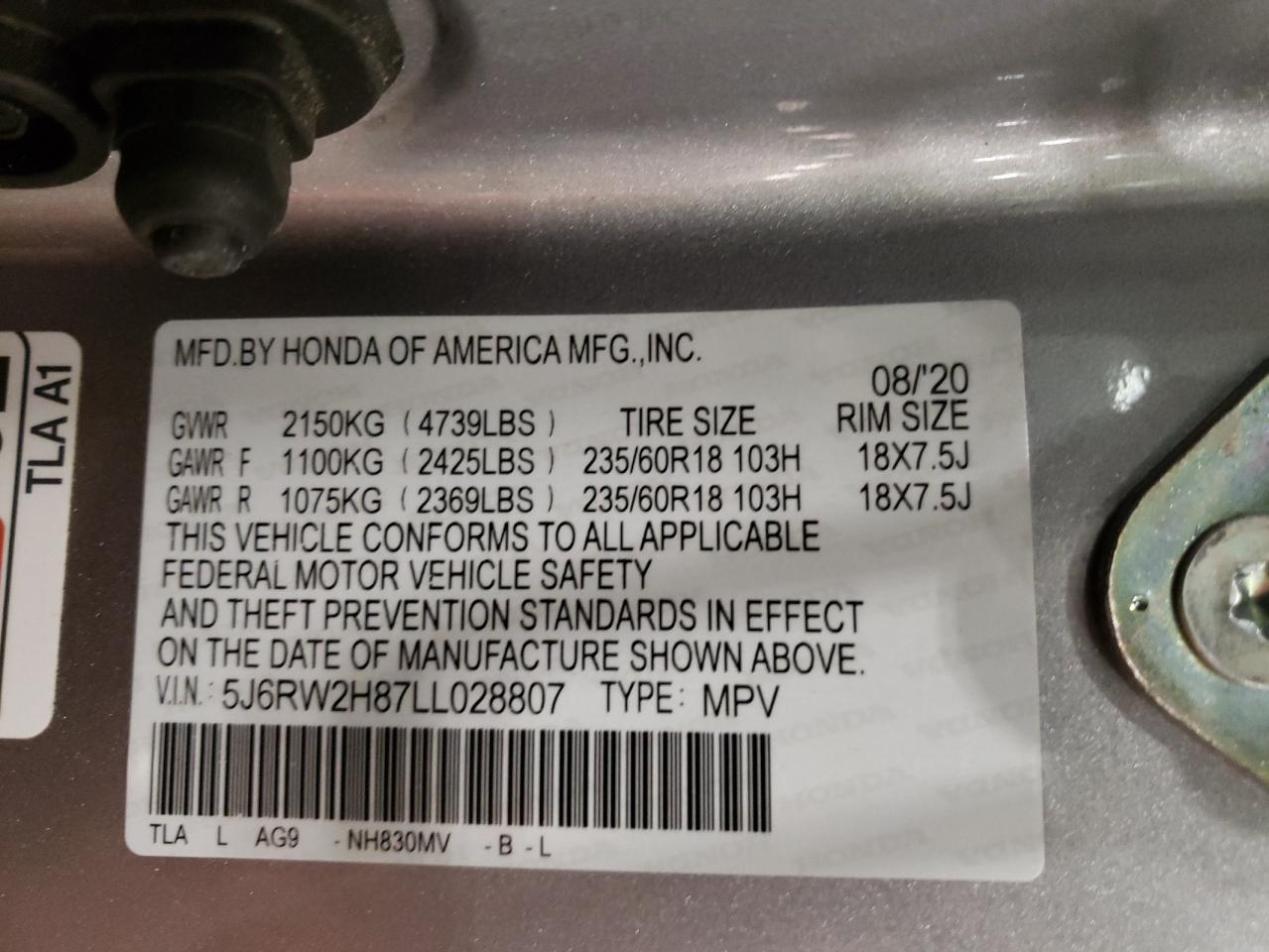5J6RW2H87LL028807 HONDA CRV 2020