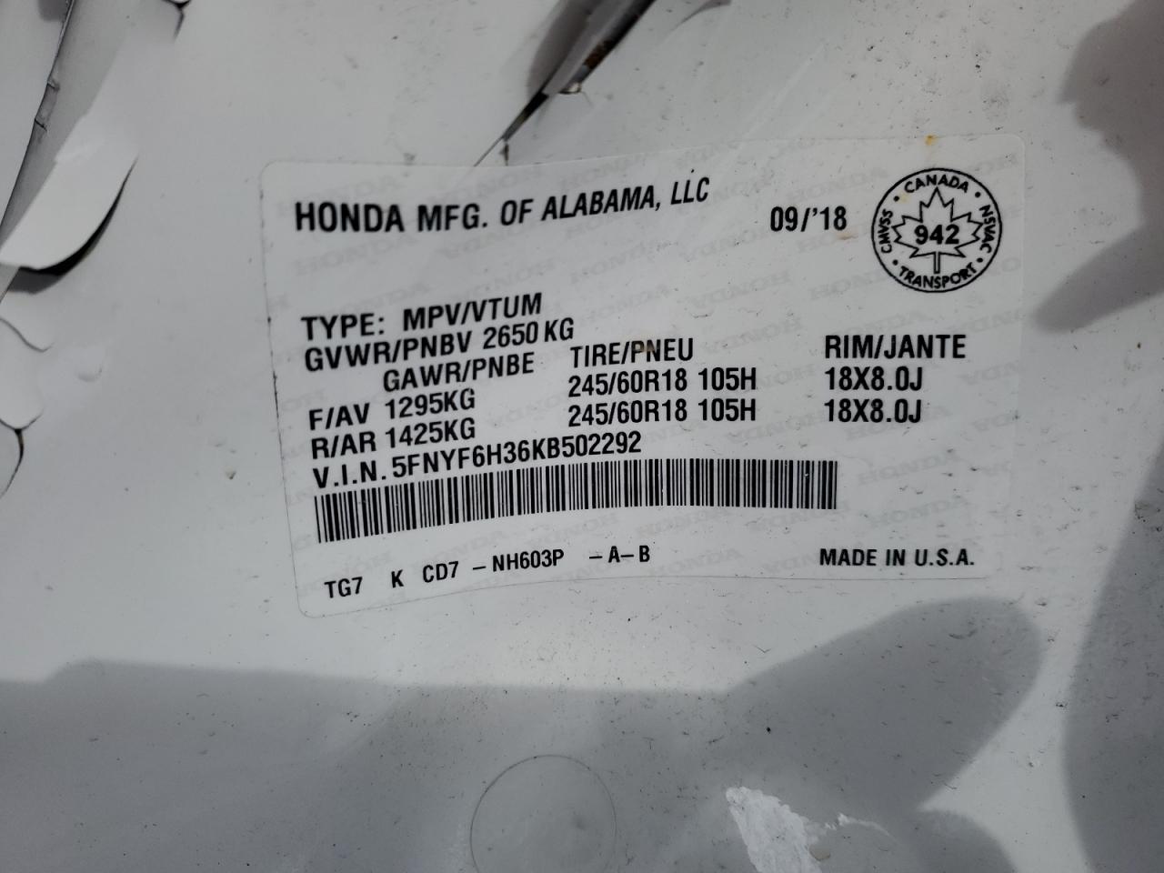 5FNYF6H36KB502292 2019 Honda Pilot Ex