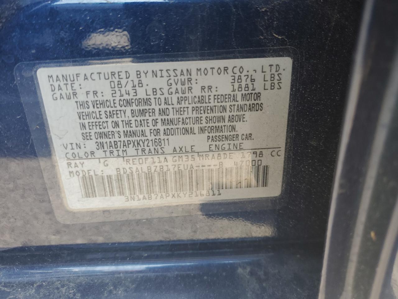 3N1AB7APXKY216811 NISSAN SENTRA 2019