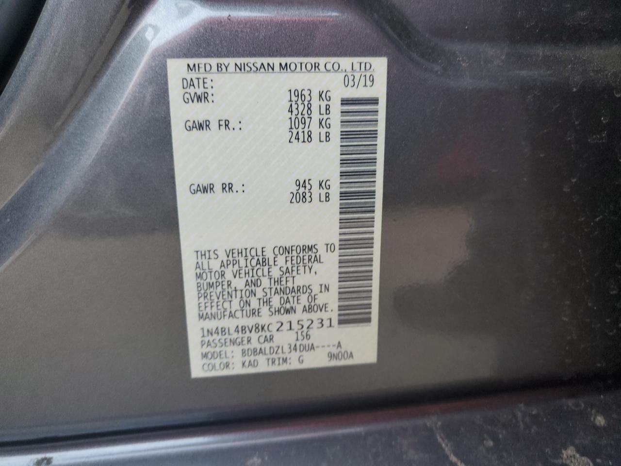 1N4BL4BV8KC215231 NISSAN ALTIMA 2019