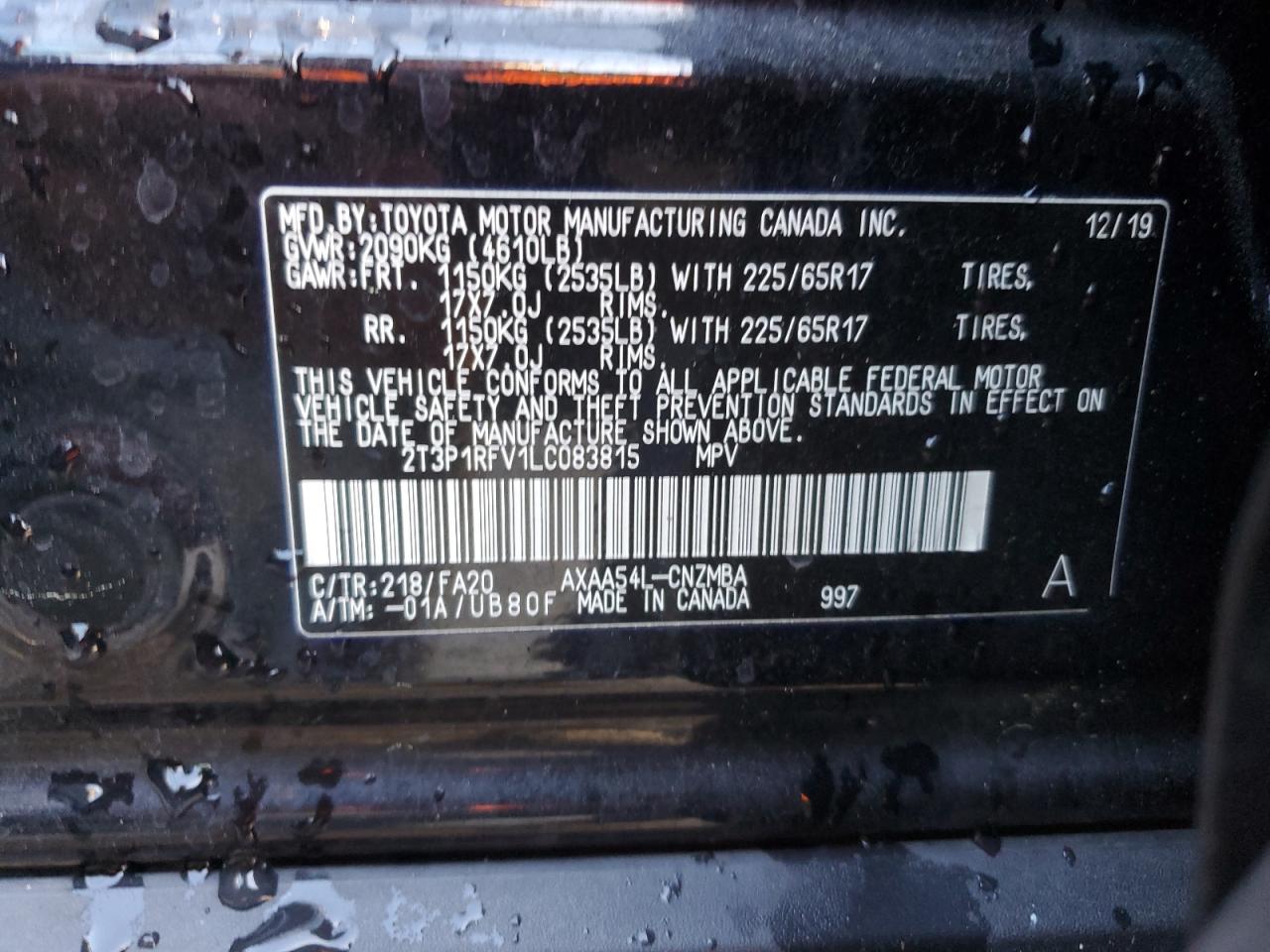 2T3P1RFV1LC083815 2020 Toyota Rav4 Xle