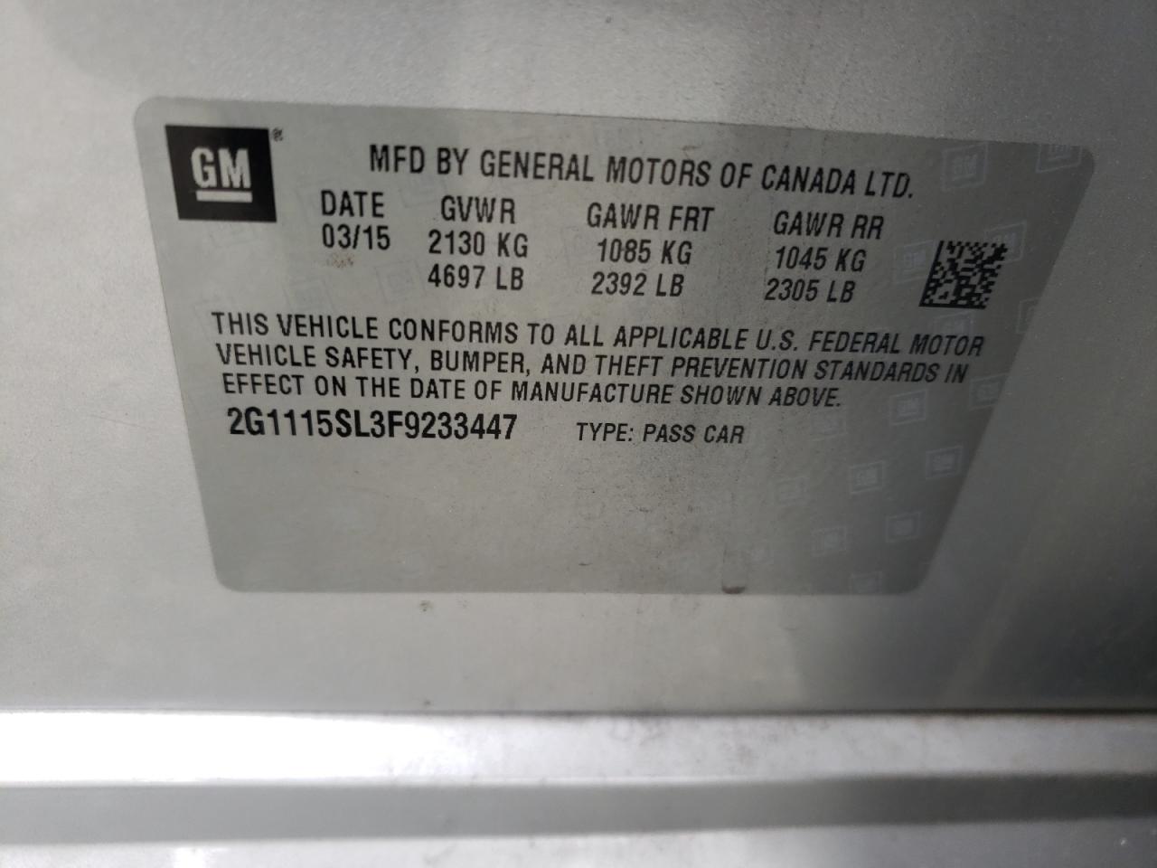 2G1115SL3F9233447 2015 Chevrolet Impala Lt