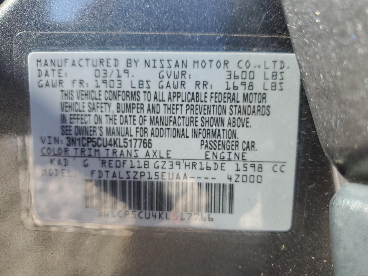 3N1CP5CU4KL517766 2019 Nissan Kicks S