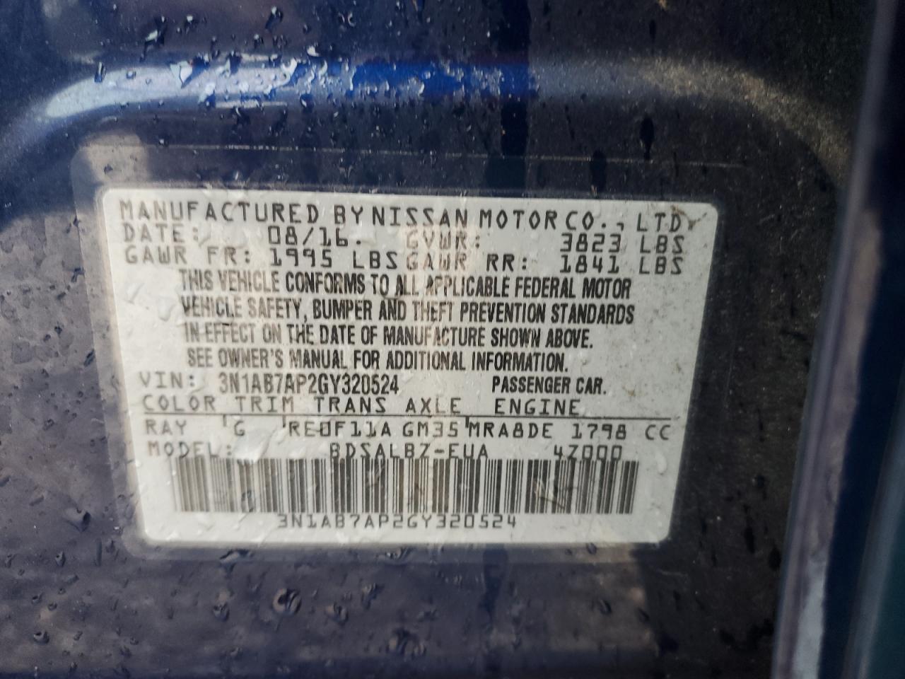 3N1AB7AP2GY320524 NISSAN SENTRA 2016