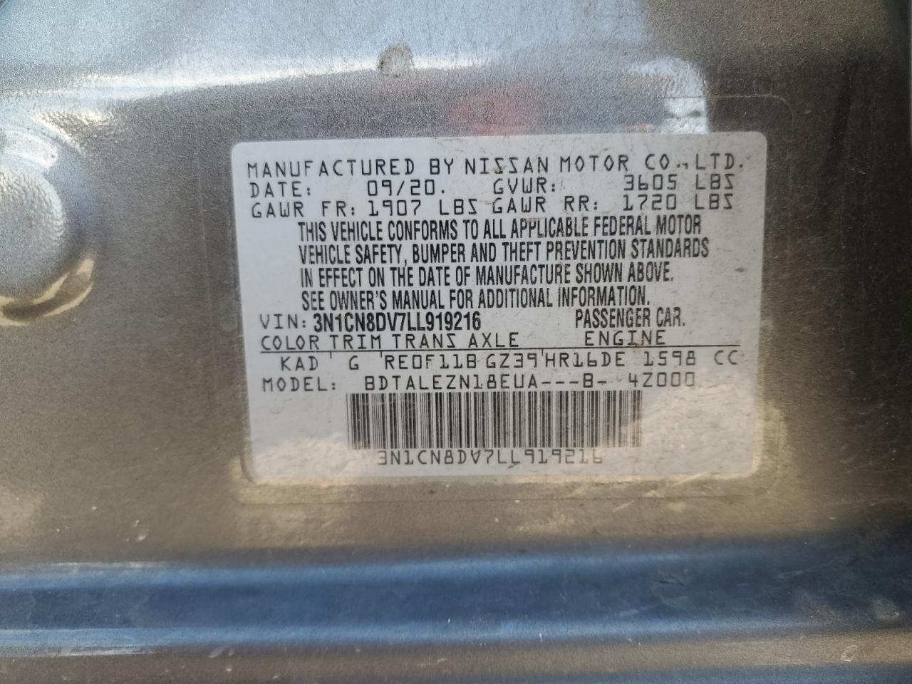 3N1CN8DV7LL919216 NISSAN VERSA 2020