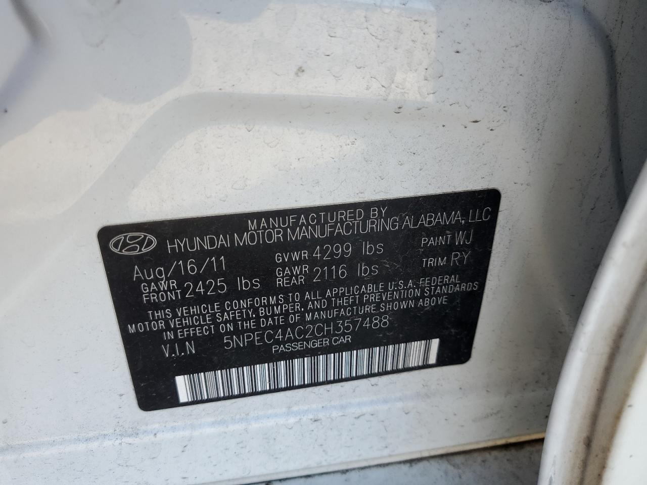 5NPEC4AC2CH357488 2012 Hyundai Sonata Se