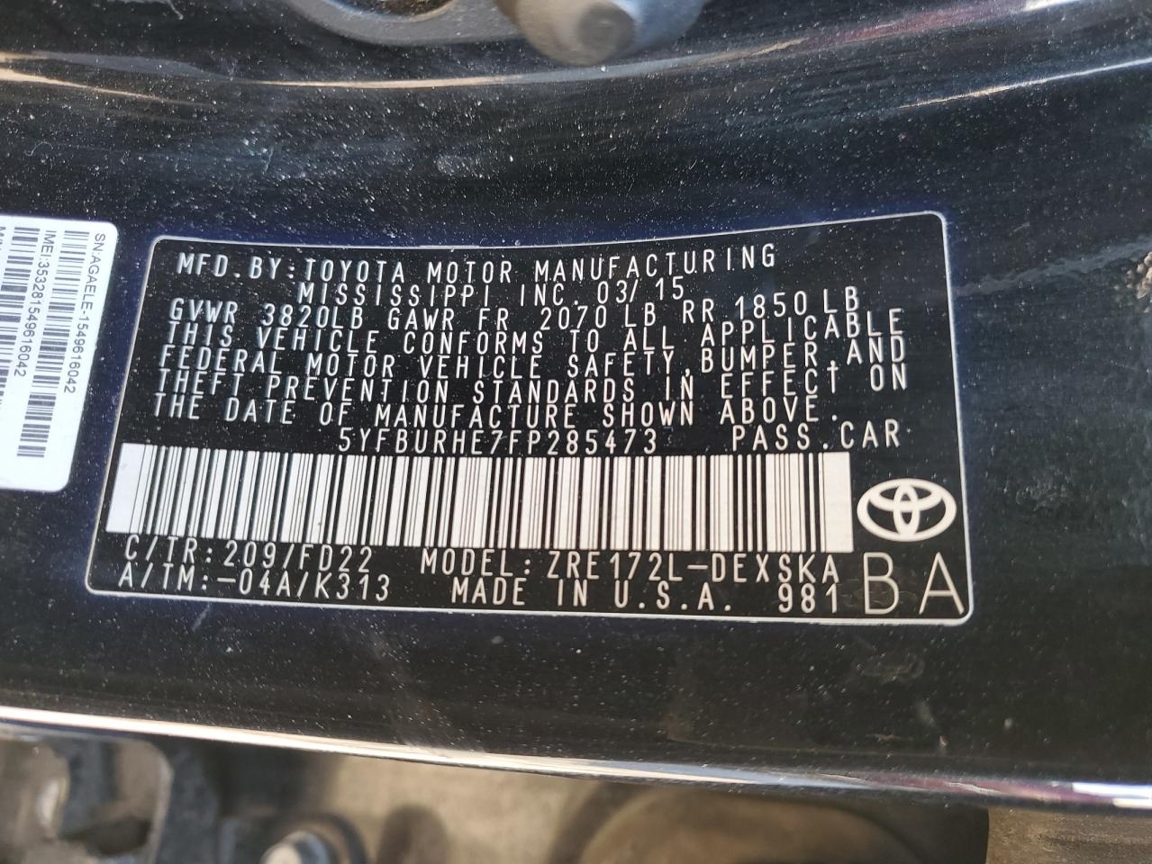 5YFBURHE7FP285473 2015 Toyota Corolla L