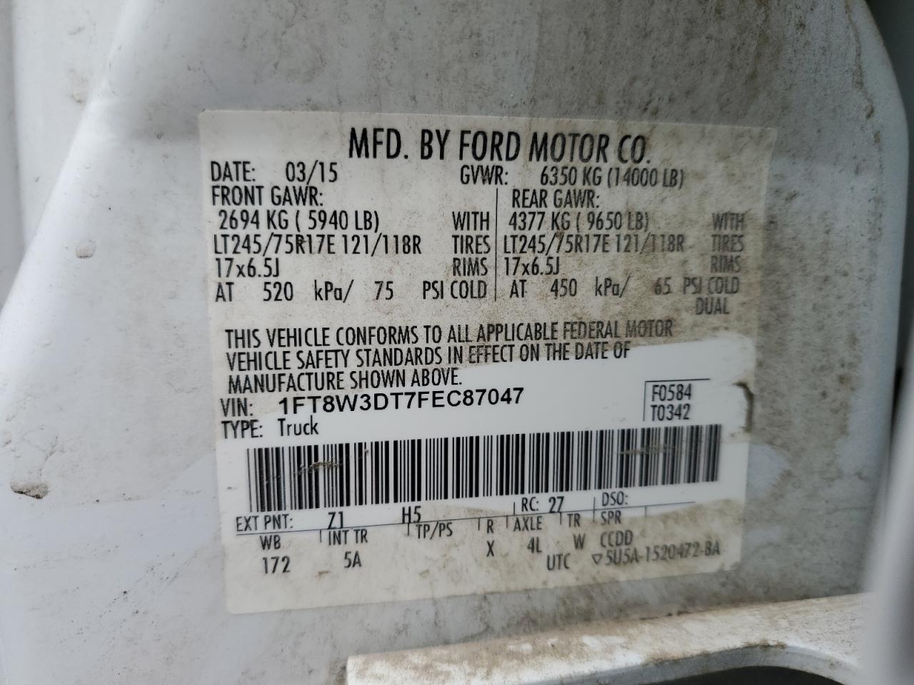 1FT8W3DT7FEC87047 2015 Ford F350 Super Duty