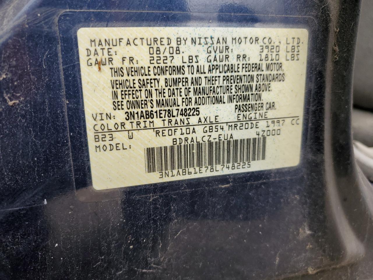 3n1ab61e78l748225 3N1AB61E78L748225 2008 Nissan Sentra 2.0