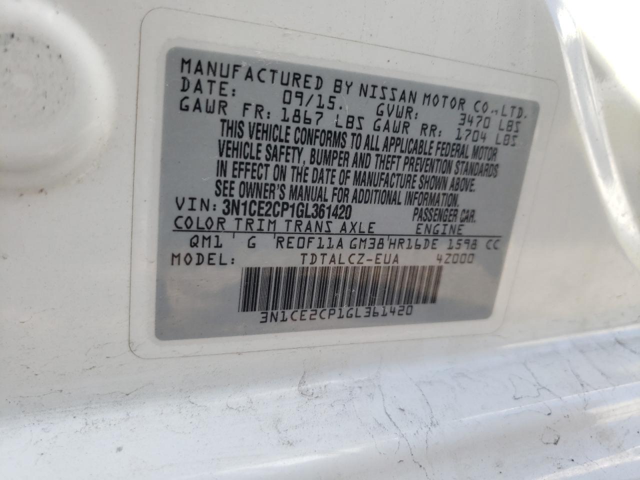 3N1CE2CP1GL361420 2016 Nissan Versa Note S