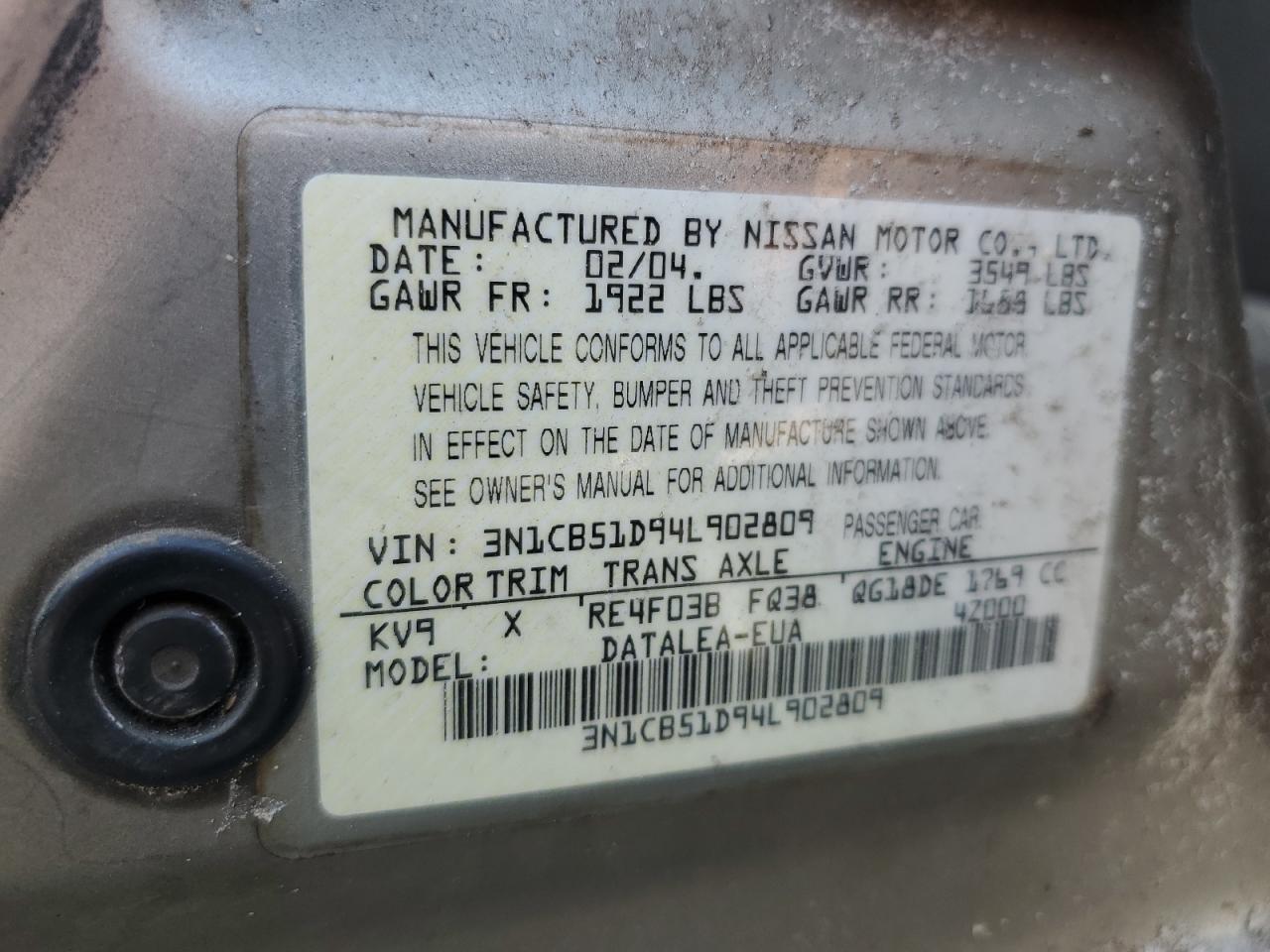 3N1CB51D94L902809 2004 Nissan Sentra 1.8