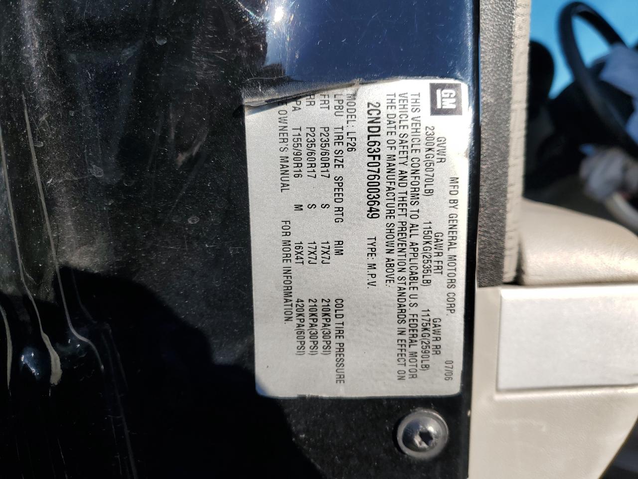 2CNDL63F076003649 2007 Chevrolet Equinox Lt