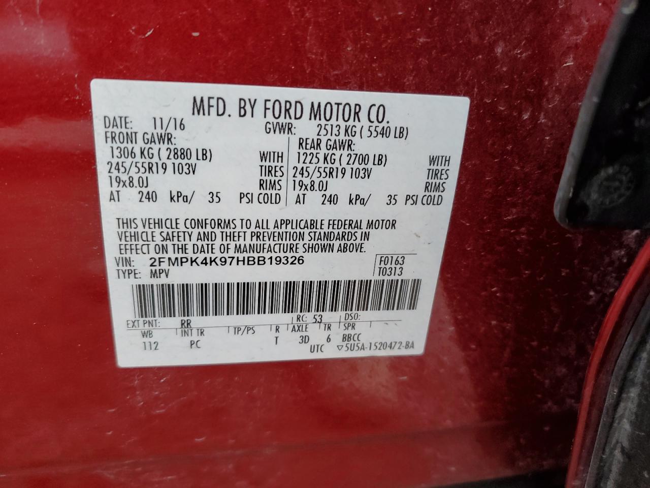 2FMPK4K97HBB19326 FORD EDGE 2017