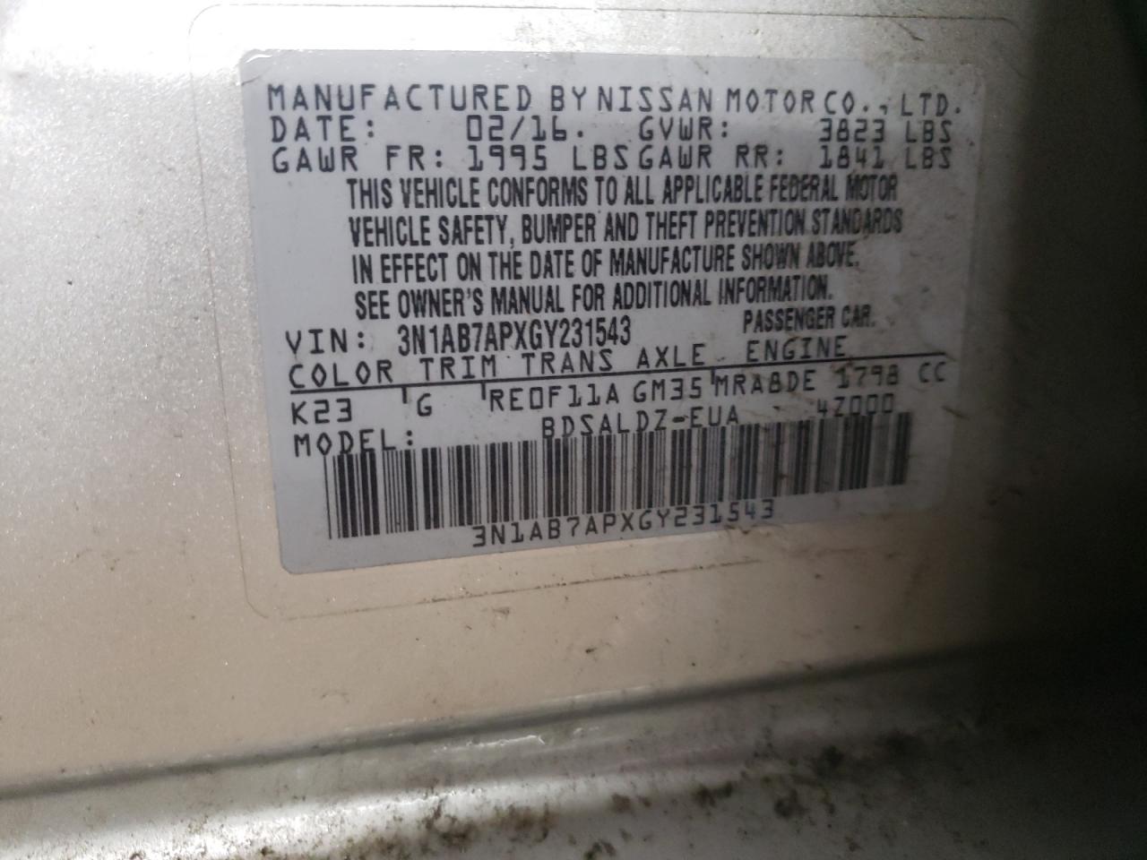 3N1AB7APXGY231543 NISSAN SENTRA 2016