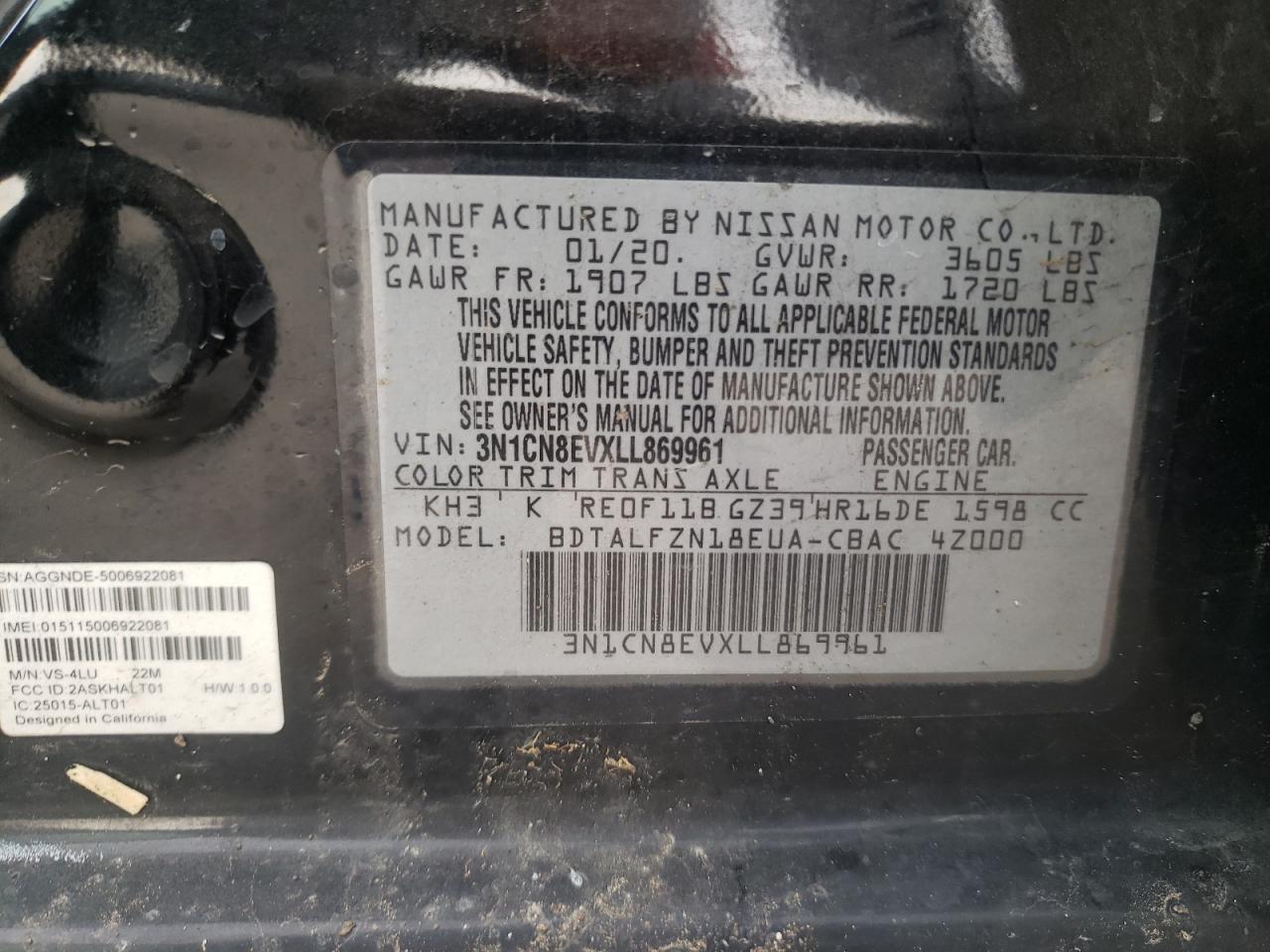 3N1CN8EVXLL869961 NISSAN VERSA 2020